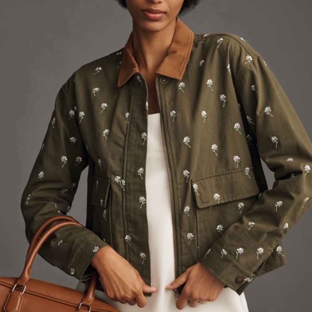 Anthropologie Dolan Left Coast Floral Embroidered Barn Jacket Green Medium
